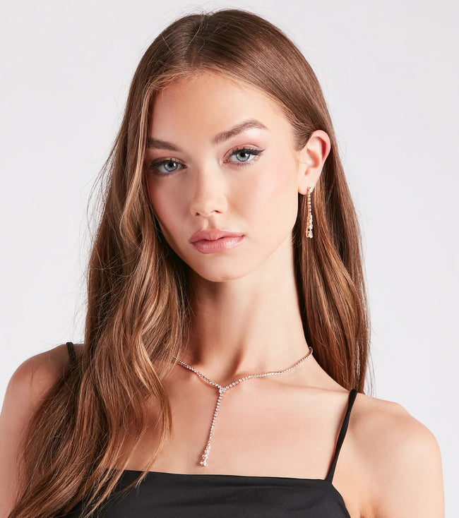 Delicate Shine Rhinestone Lariat Earring Set