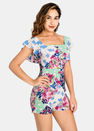 Women's Green Square Neck Butterfly Sleeve Romper | Tie Back Summer Playsuit