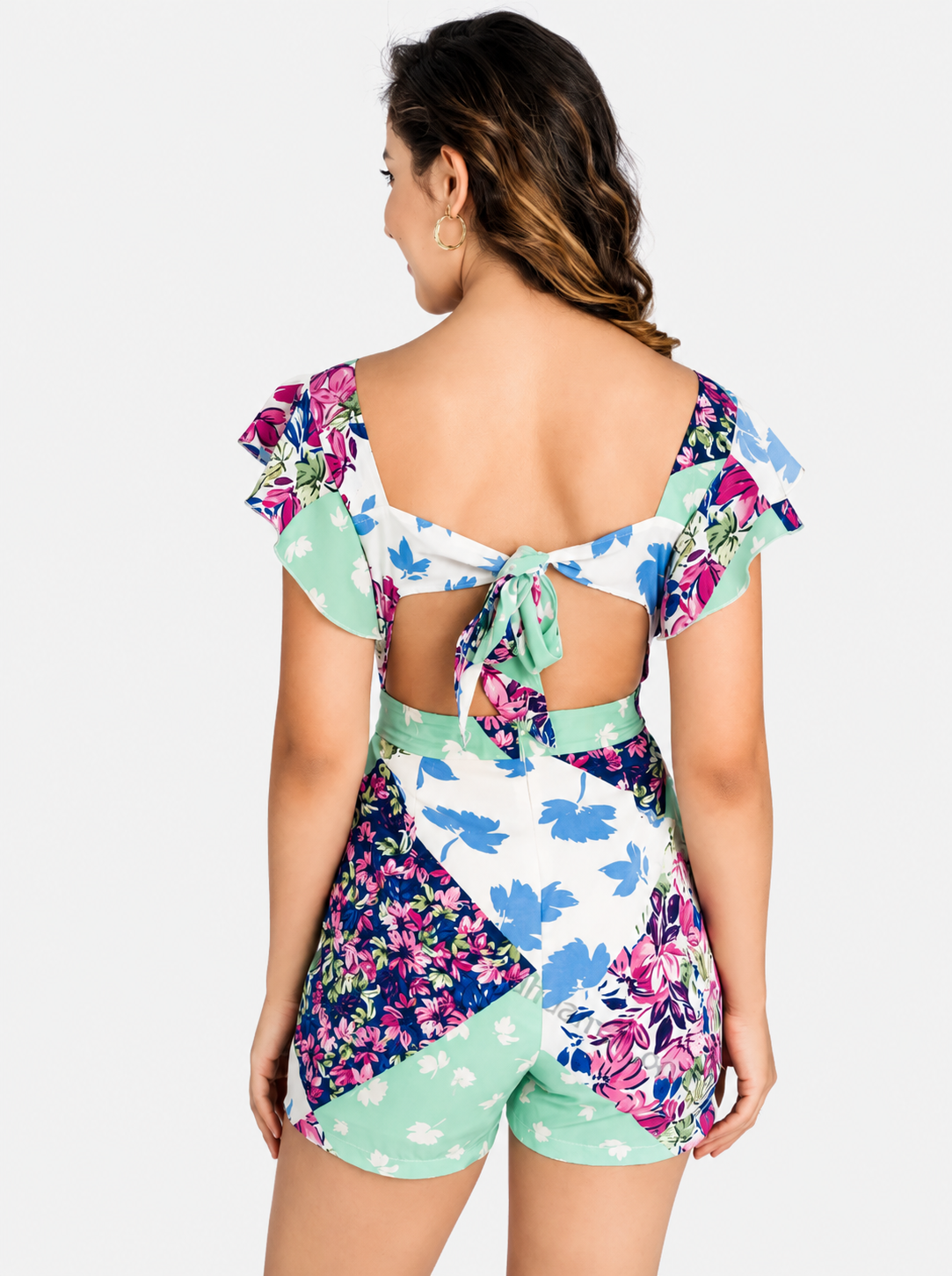 Women's Green Square Neck Butterfly Sleeve Romper | Tie Back Summer Playsuit