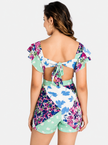 Women's Green Square Neck Butterfly Sleeve Romper | Tie Back Summer Playsuit