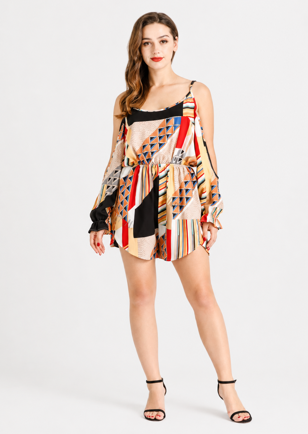 Women's Orange Tropical Floral Cold Shoulder Romper  Summer Vacation Playsuit