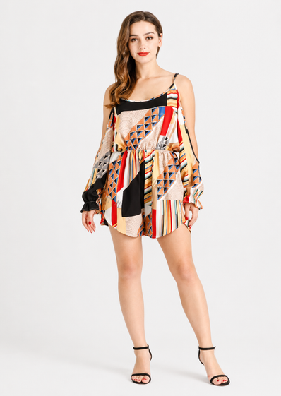 Women's Orange Tropical Floral Cold Shoulder Romper  Summer Vacation Playsuit