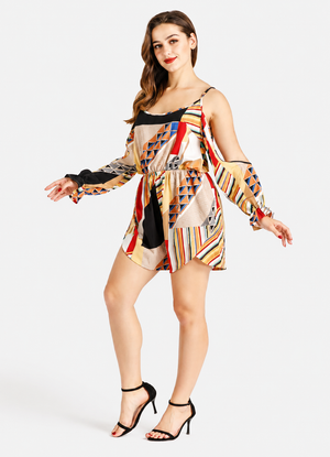 Women's Orange Tropical Floral Cold Shoulder Romper  Summer Vacation Playsuit