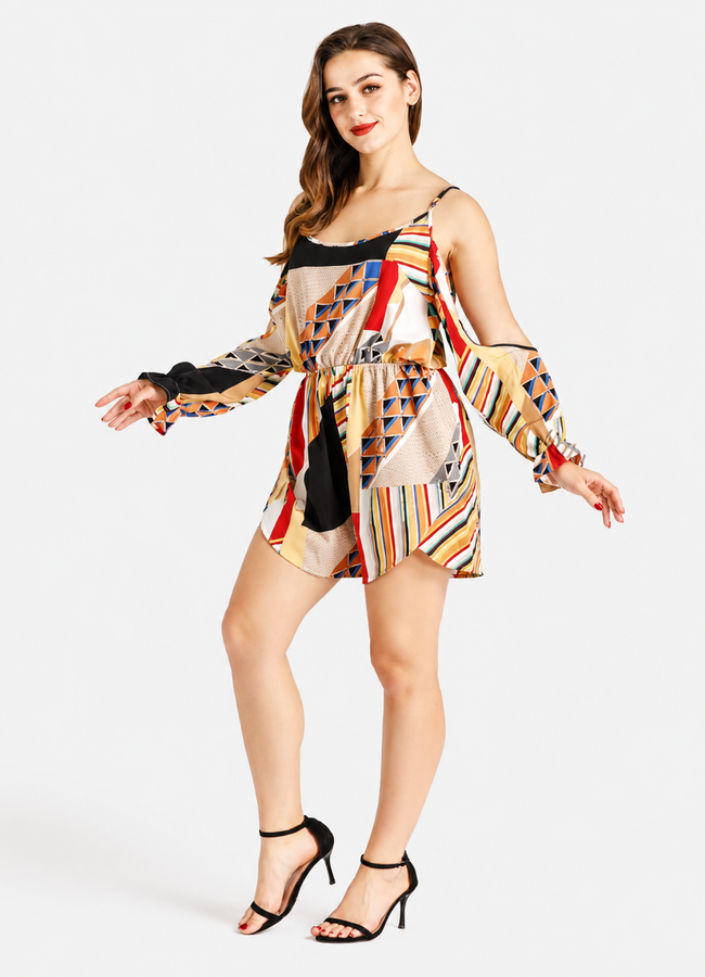 Women's Orange Tropical Floral Cold Shoulder Romper  Summer Vacation Playsuit