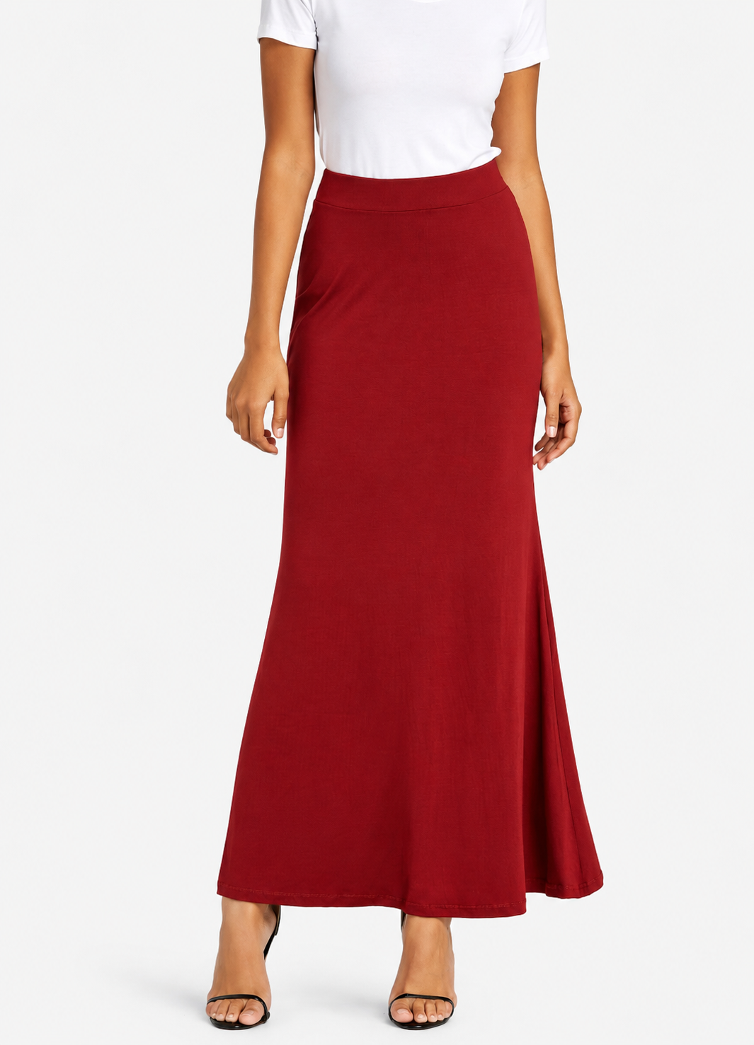 Women's Red High Waist Pleated Maxi Skirt | Casual Elastic Waist Long Skirt