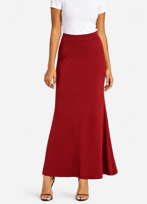 Women's Red High Waist Pleated Maxi Skirt | Casual Elastic Waist Long Skirt