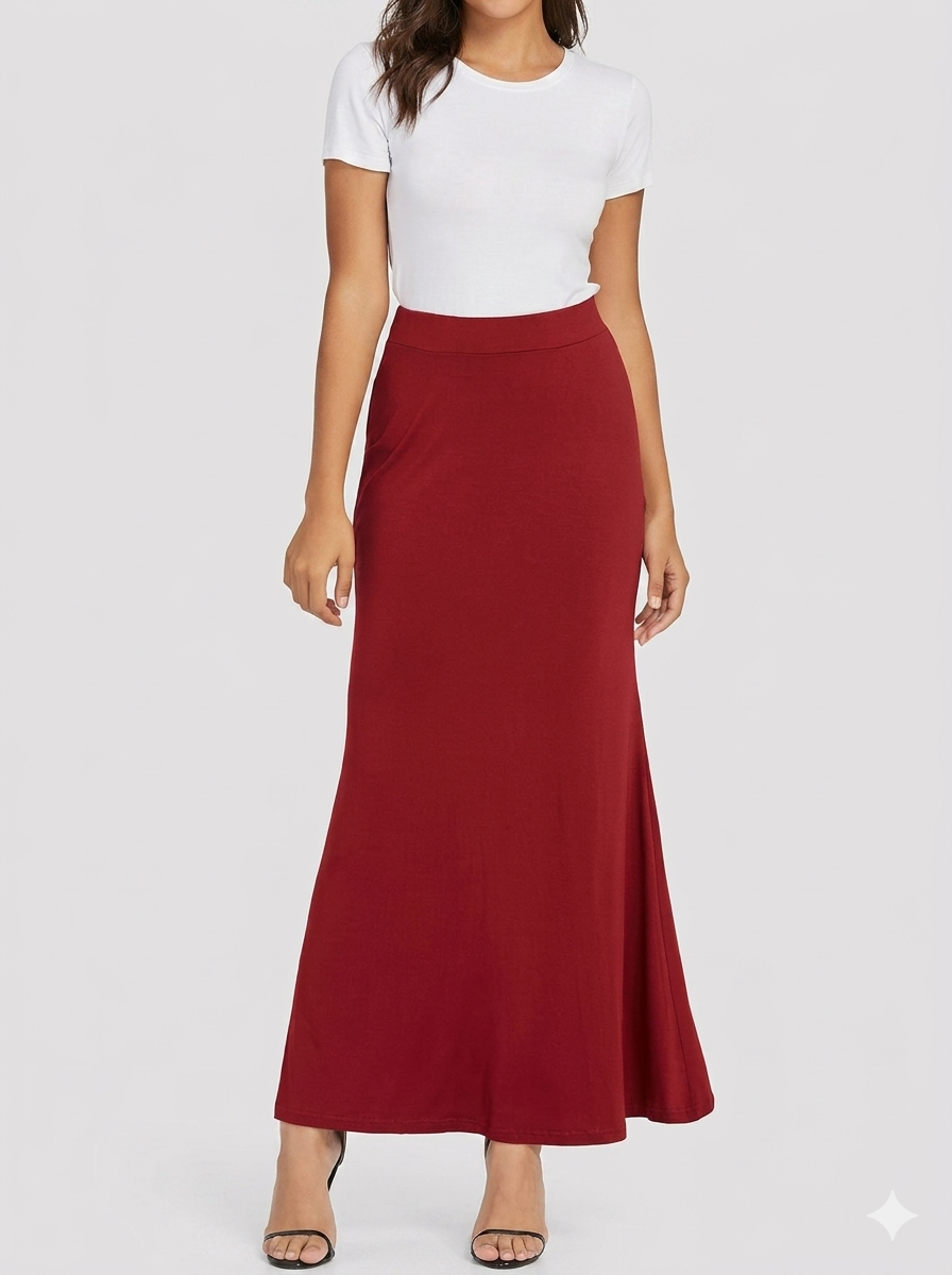 Women's Red High Waist Pleated Maxi Skirt | Casual Elastic Waist Long Skirt