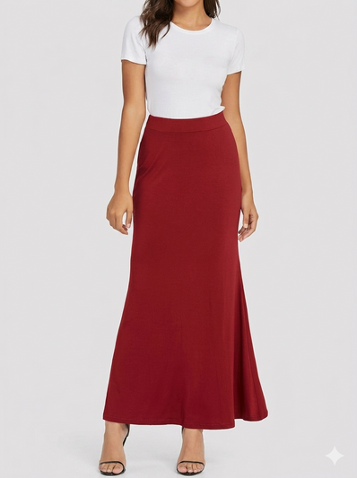 Women's Red High Waist Pleated Maxi Skirt | Casual Elastic Waist Long Skirt