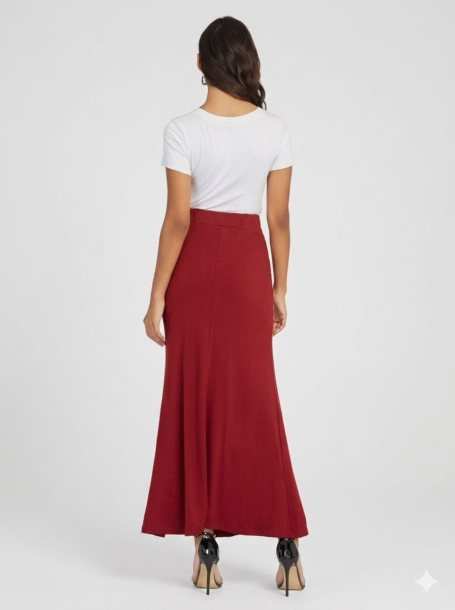 Women's Red High Waist Pleated Maxi Skirt | Casual Elastic Waist Long Skirt