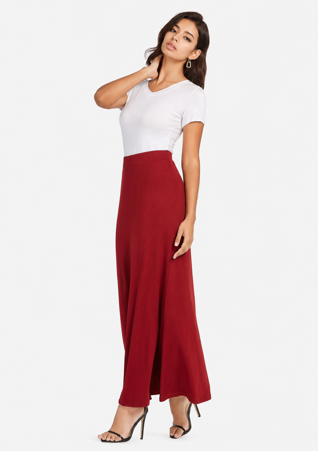 Women's Red High Waist Pleated Maxi Skirt | Casual Elastic Waist Long Skirt