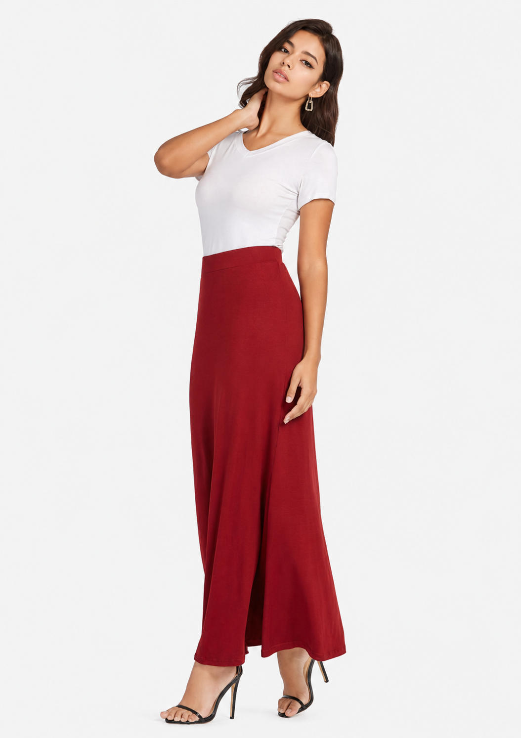 Women's Red High Waist Pleated Maxi Skirt | Casual Elastic Waist Long Skirt