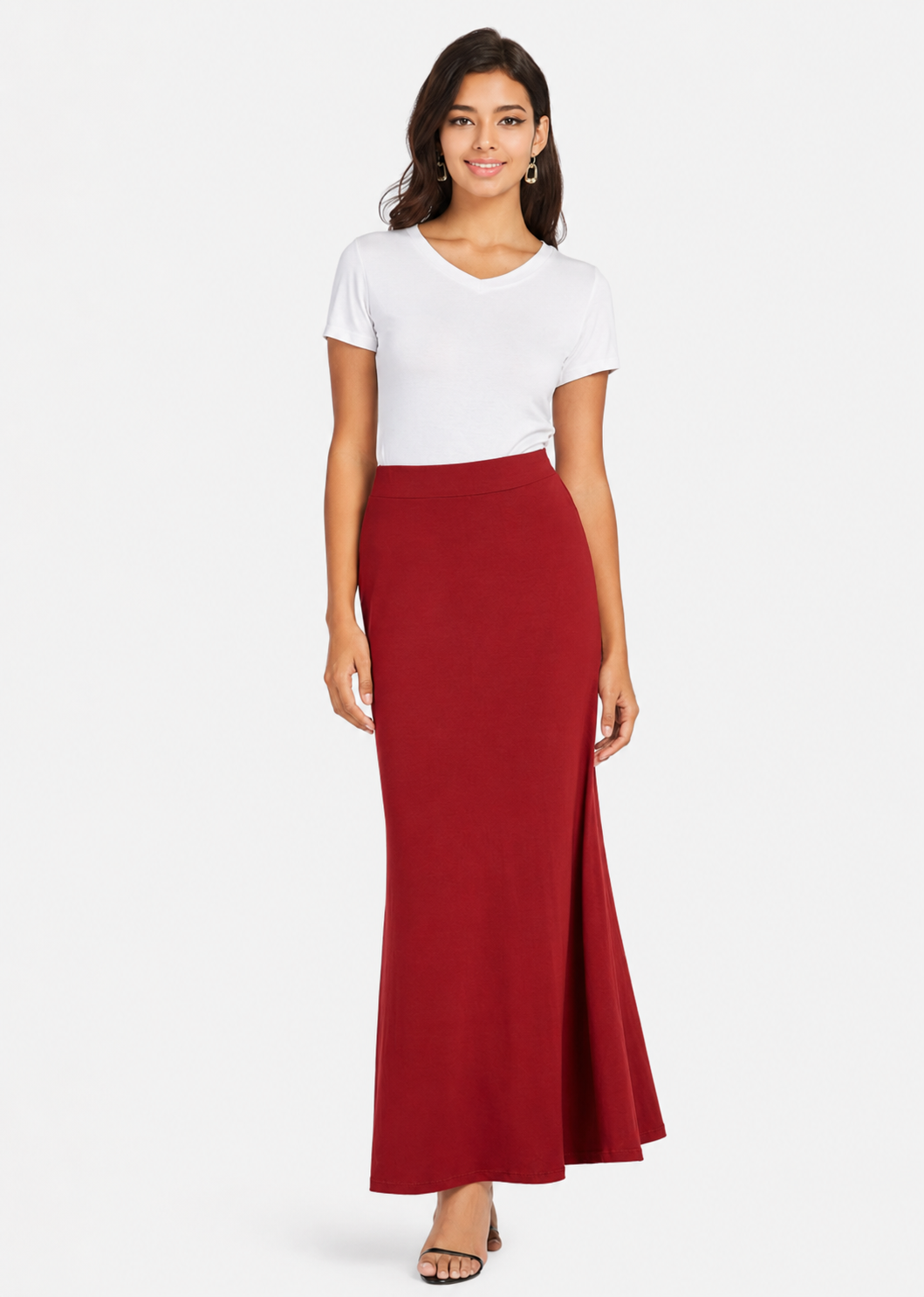 Women's Red High Waist Pleated Maxi Skirt | Casual Elastic Waist Long Skirt